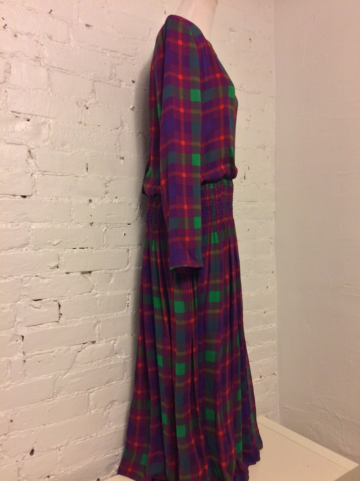 William Pearson Vtg 80s Silk Blouson Dress Pink Plaid 10-12 Secretary Office