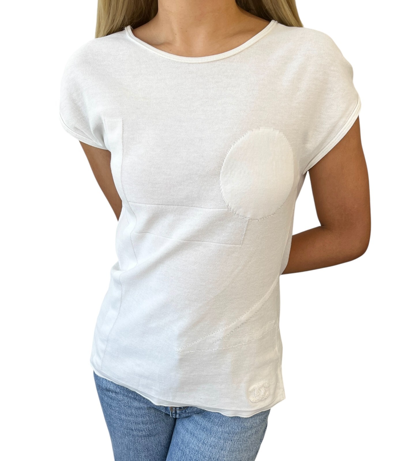 CHANEL Vintage P46183 CC Mark Logo Sleeveless Top #38 White Cotton