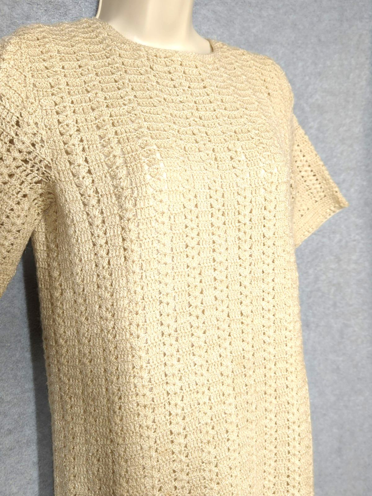 Vtg Crochet Knit Ivory Maxi Dress S 6 Lined Boho Cottage Core Prairie Princess