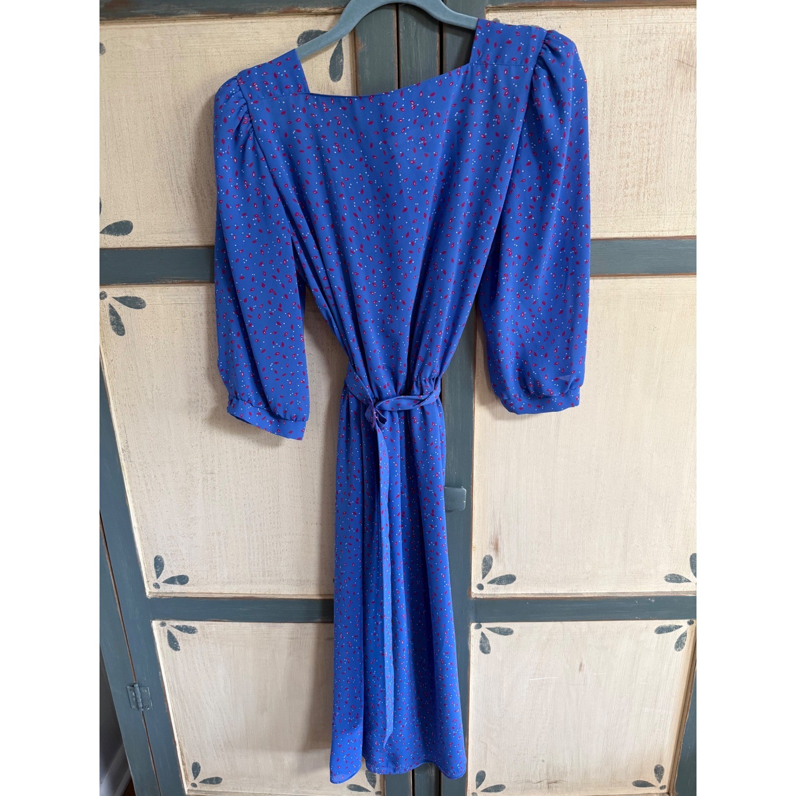 Vintage Alison Peters Blue Red Petal Print Belted Midi Dress Sz 14 Kitschy