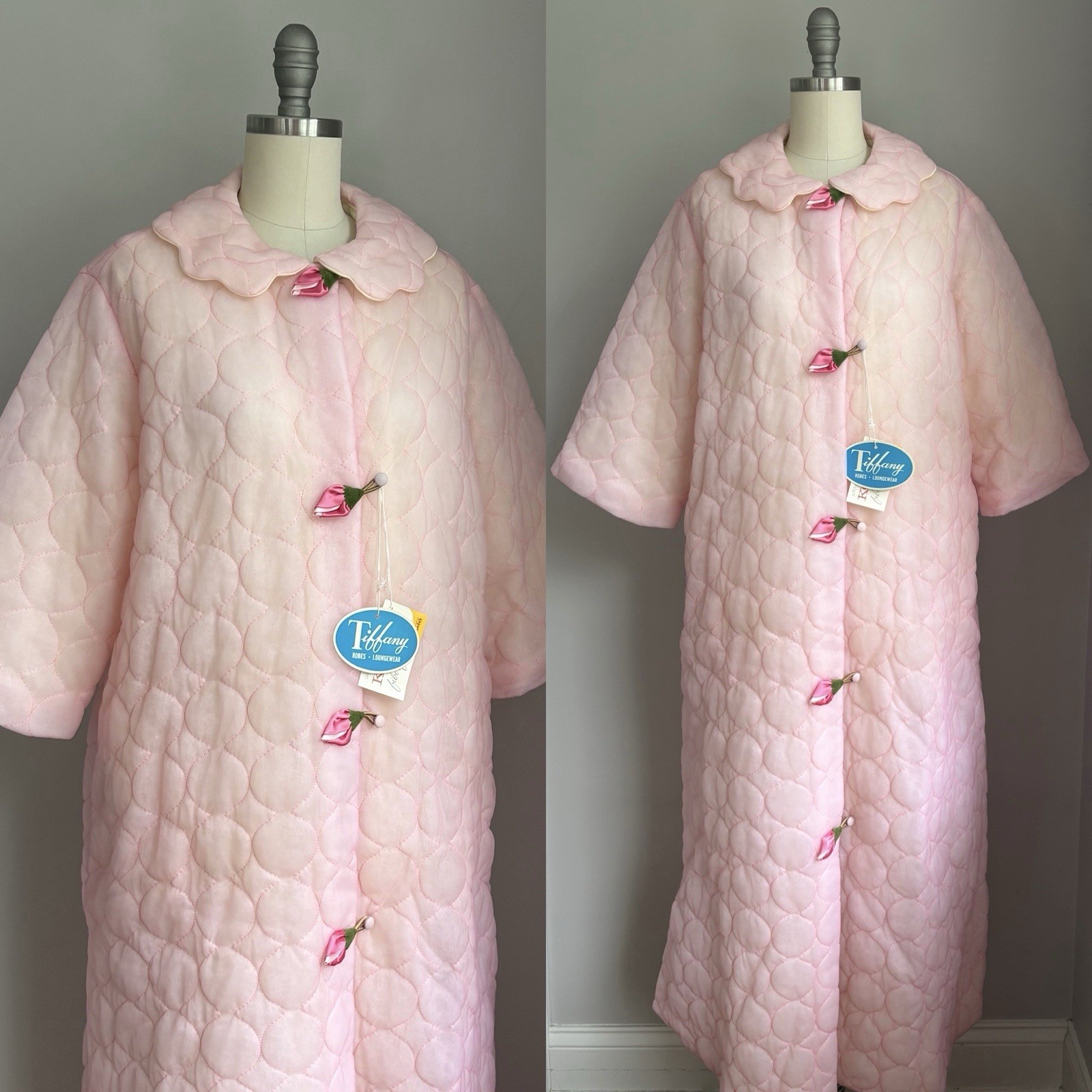 Vintage 1960’s NOS Deadstock Pink Quilted Nylon & Satin Rosebuds Robe Size Large