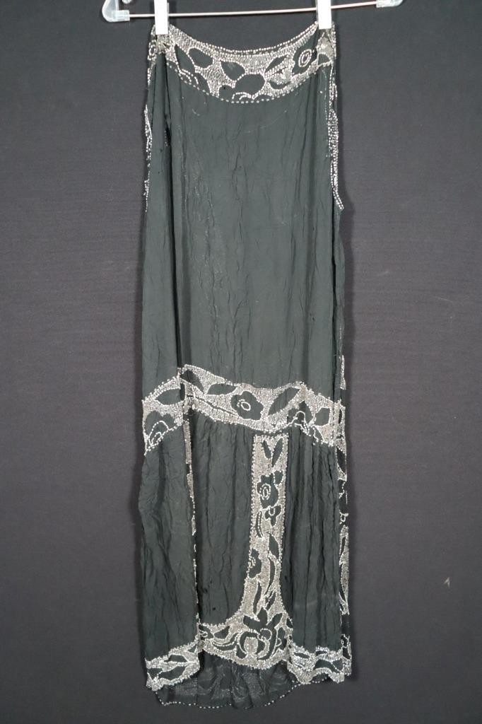 VINTAGE 1920&rsquo;S BLACK SILK CREPE FLAPPER BEADED DRESS FOR STUDY OR APPLIQUE