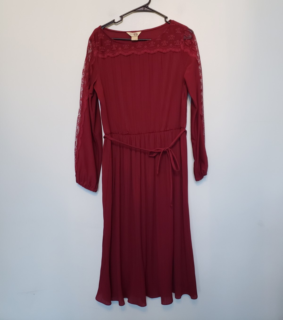 Vtg Sears Womens 16 Midi Dress Maroon Red Long Sleeve Sheer Lace Accent Pleated