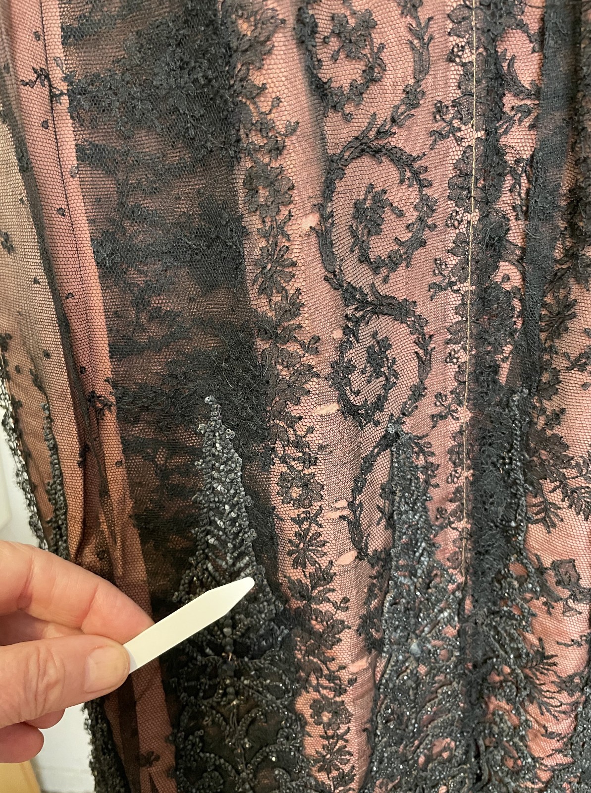 Antique 1800s 1900s Victorian Cape Pink & Black Chantilly Lace Beaded Ruffles OS