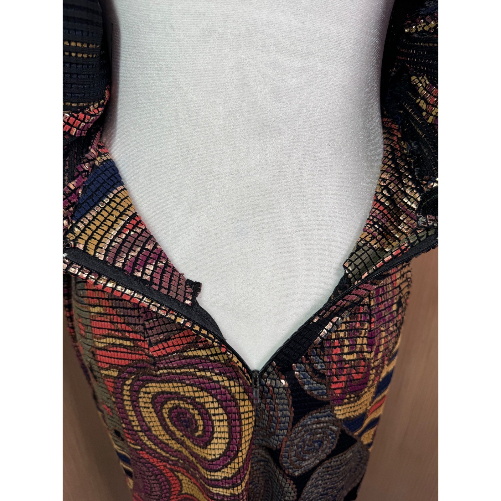 Vintage Janine of London La Vie Mosaic Metallic Knit Midi Dress Gold Red Sz M
