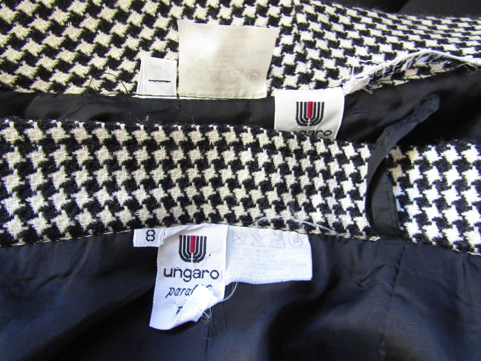 Vintage 80s Ungaro Parallele Italy Black White Check Wool 2pc Skirt Suit Size 8