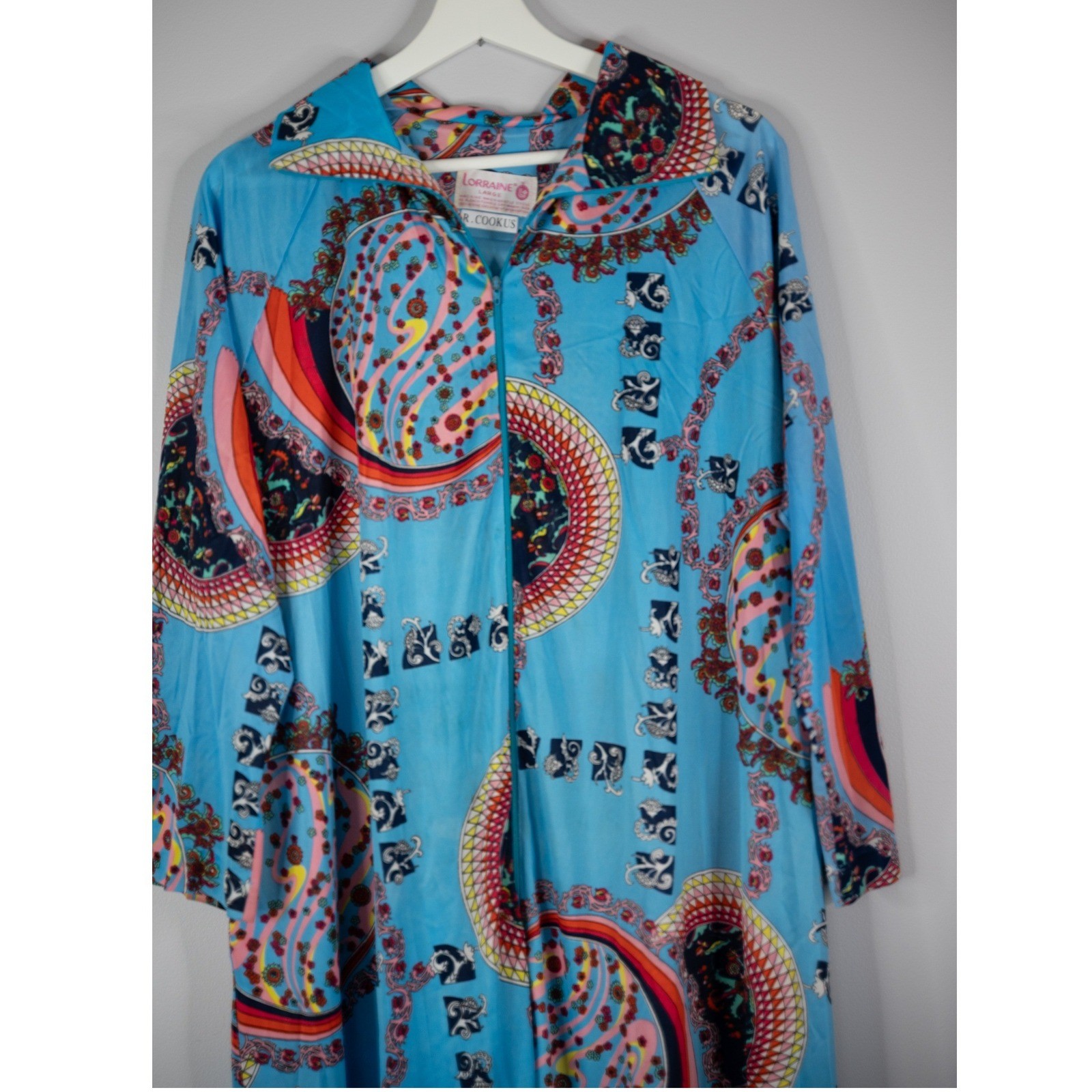 Lorraine Maxi Robe Womens Large Blue Psychedelic Paisley Vintage Zip 60s 70s