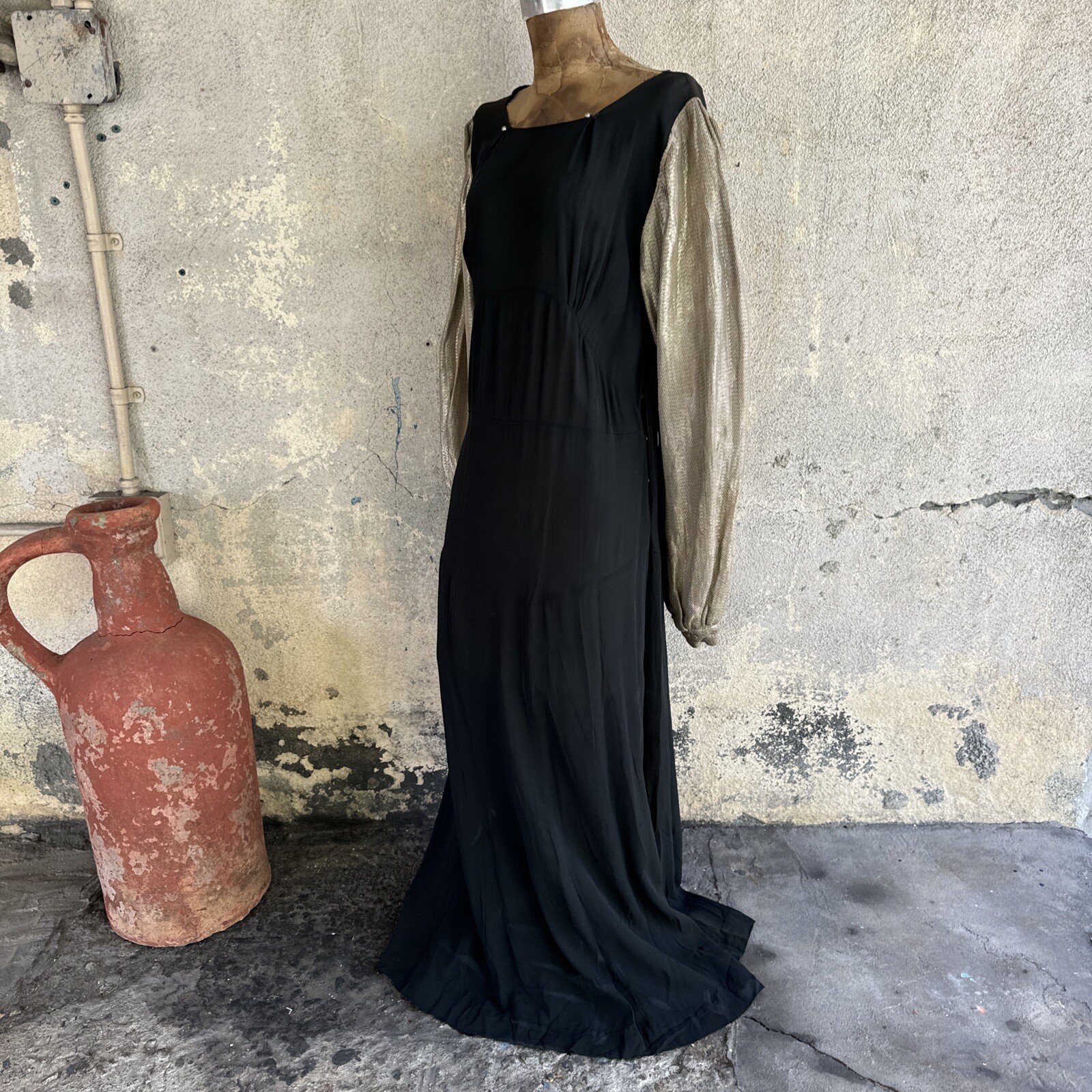 Vintage 1930s Black Silk Dress Silver Lamé Balloon Sleeves Metal Bead Accents