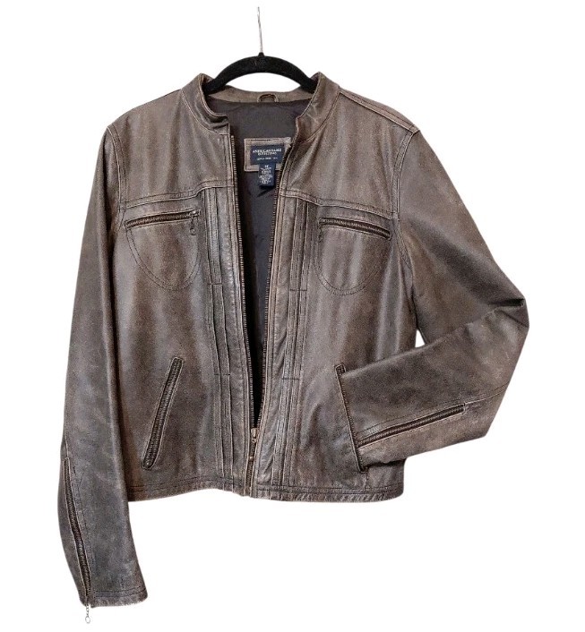 American Eagle Vtg Leather Biker Jacket Brown Distressed Cafe Racer Women&rsquo;s Med