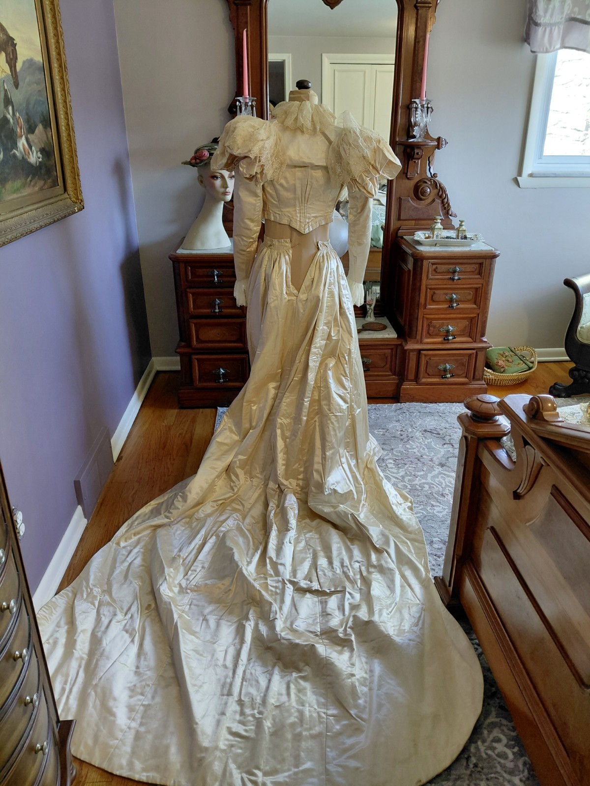 Antique 1890&rsquo;s Satin & Tambour Lace Dress Wedding Ball Gown Leg O Mutton Sleeves