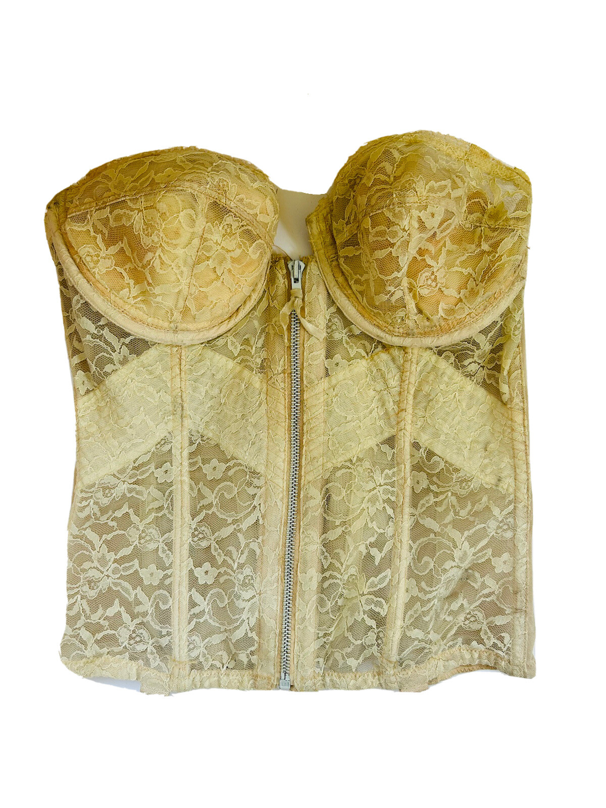 Vintage 40s Corset Bustier Womens 36B Lace Top Sheer Lace Zip Boning Coquette