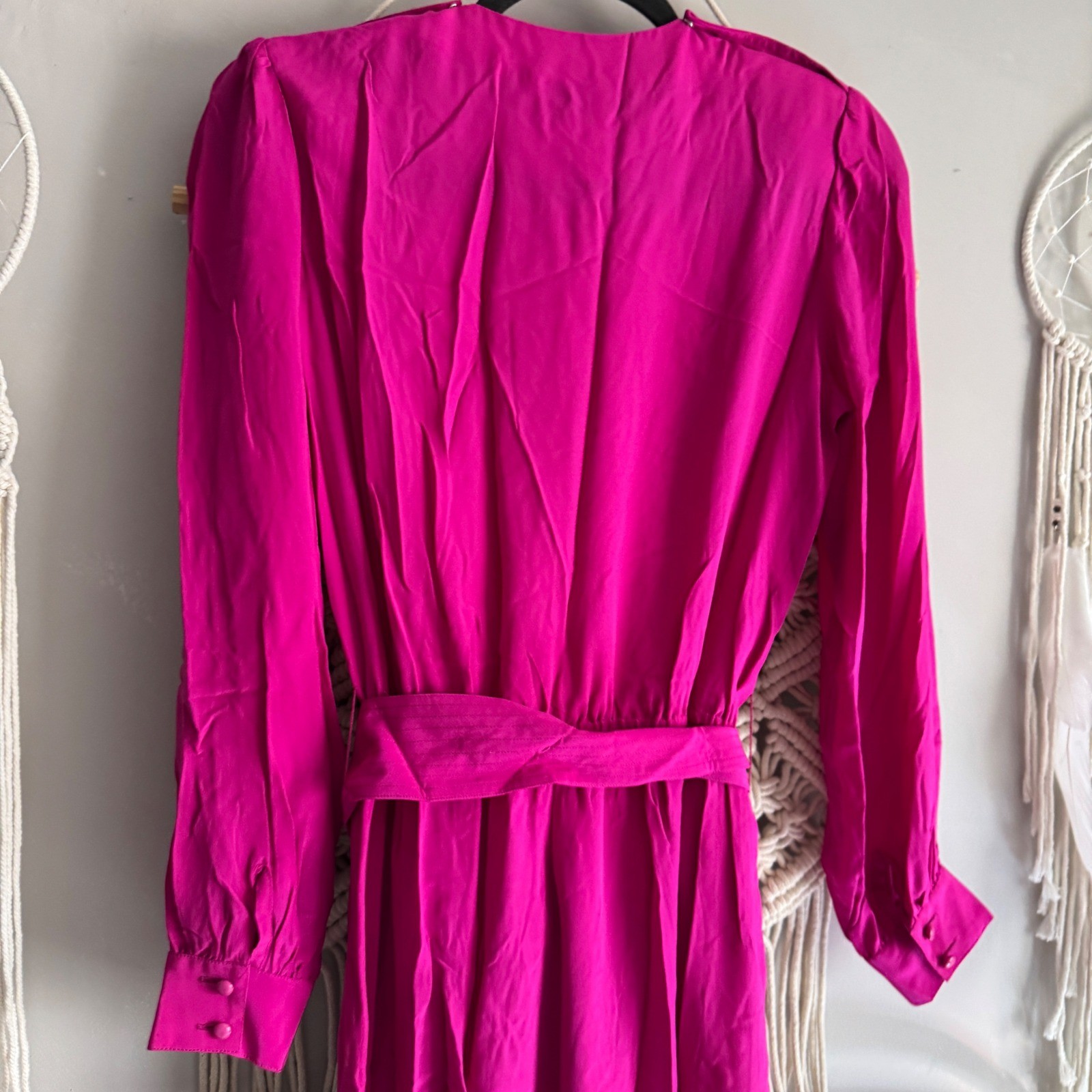 Silk Studio Vintage Fuchsia Pink 100% Silk Long Sleeve Midi Dress Size 8