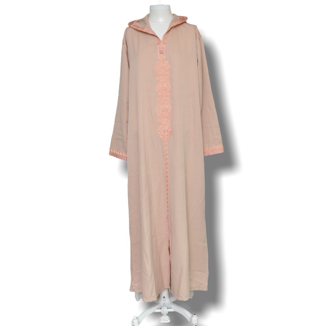 Vintage Kaftan Mauve Pink Tunic Dress with Hood and Embroidered Trim L Modest