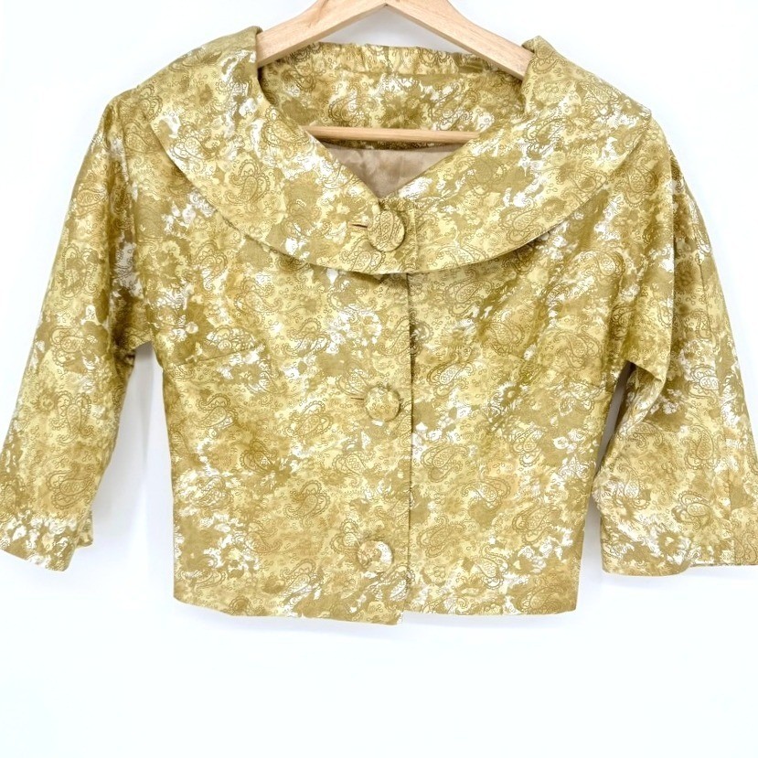 VTG Mara by Romay Gold Paisley Brocade Crop Jacket Portrait Collar Regency 50s