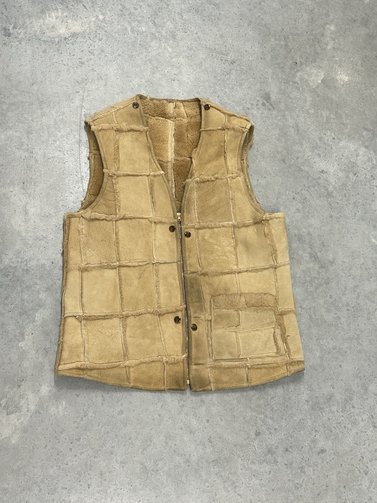 Vintage 60s 70s Shearling Patchwork Vest Talon Zipper Adult 20.5x27in