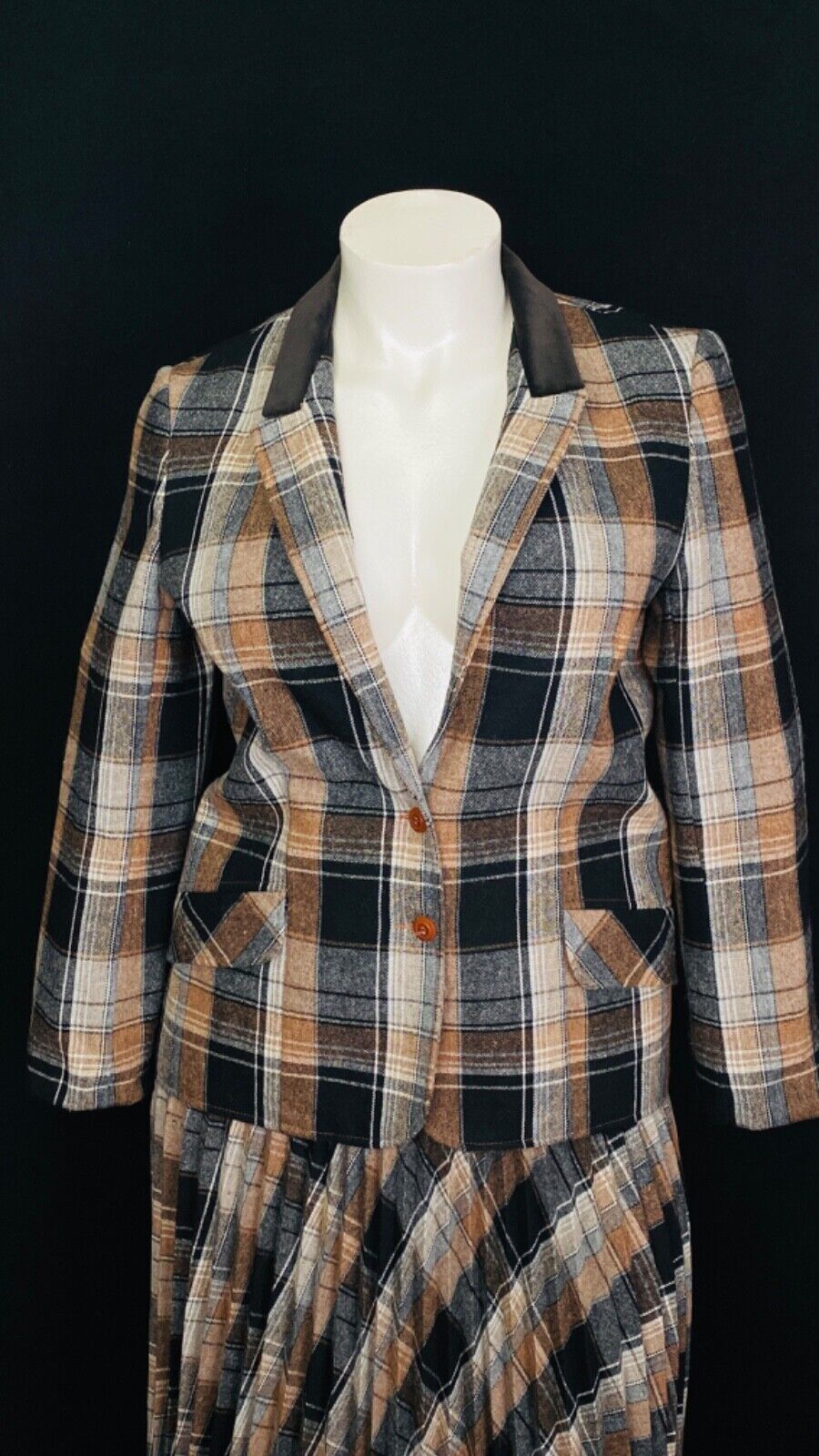 Vintage brown black wool plaid suit jacket blazer skirt set outfit XL plus size