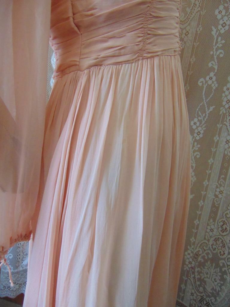 1940s ORIGINAL DESIGN PINK CHIFFON LONG DRESS PUFF BALLOON SLEEVES 24 W