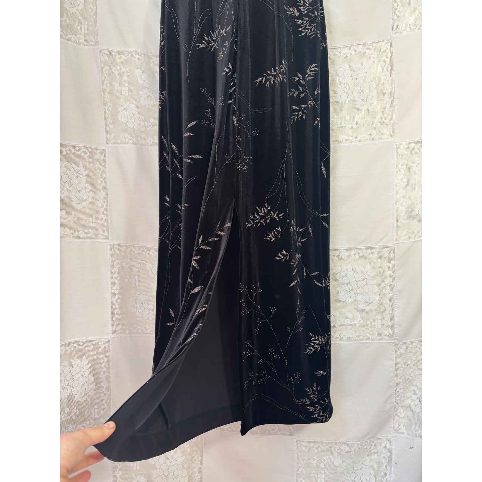 VTG Black Velvet Metallic Threaded Floral Maxi Cheongsam Dress Size S-M