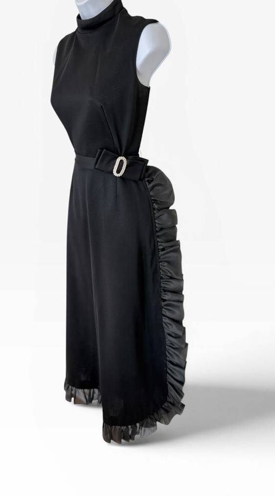Vtg 70s Nadine Ruffle Rhinestone Bow Maxi Dress XS Black Sleeveless Belt Dressy