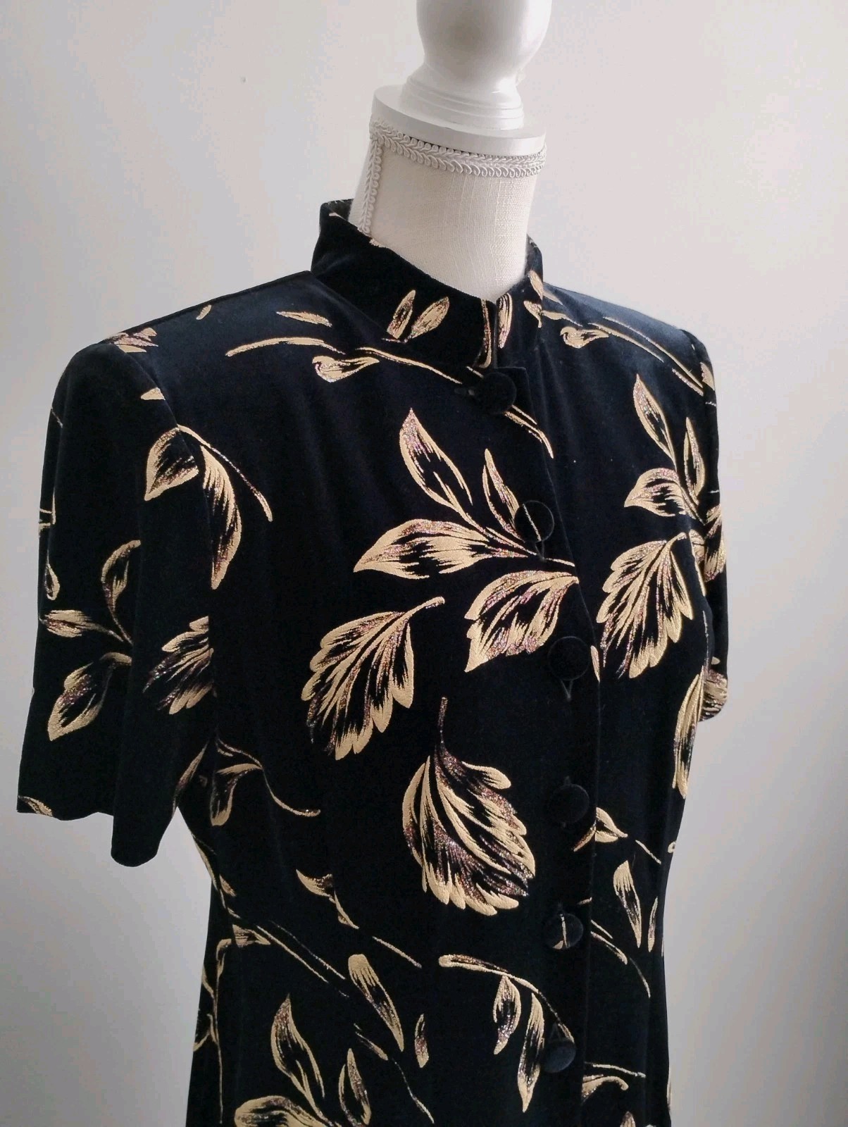 Another Thyme Velvet Gold Black Maxi Dress Mandarin Collar Vintage Size 10 Y2K