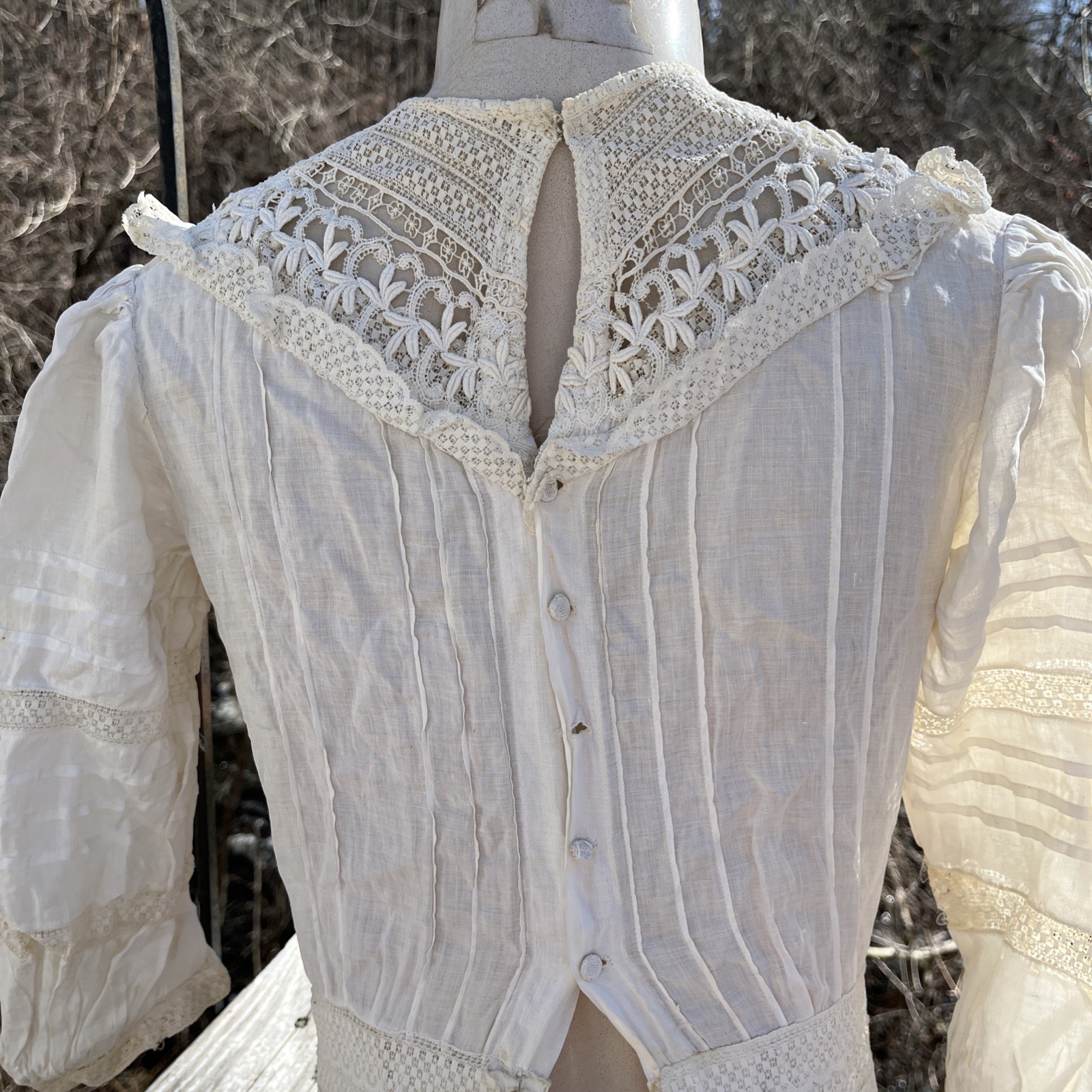 Authentic Edwardian Off White Cotton Lawn Dress c.1900 Lace Pintuck Button Back