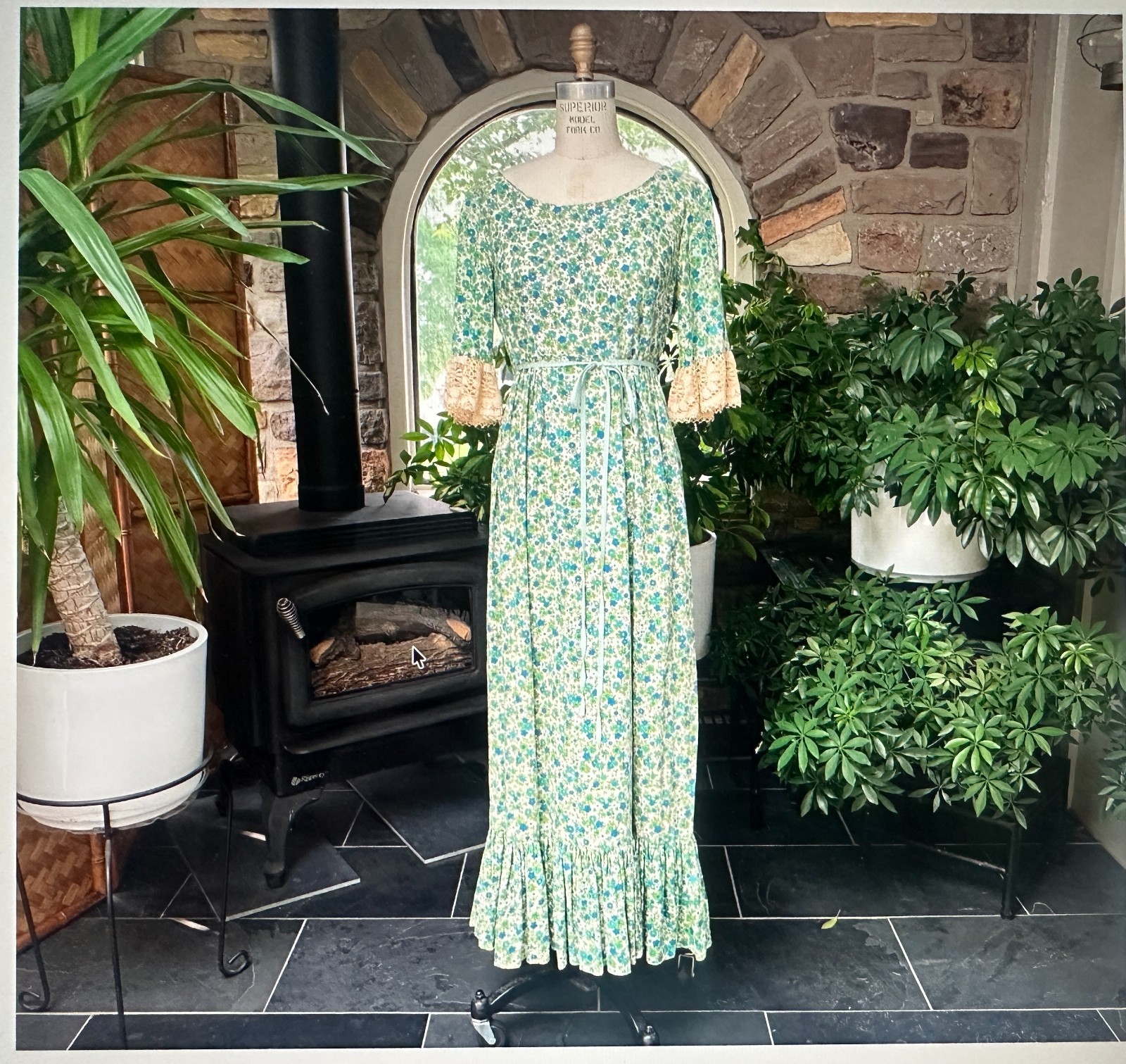 Vintage 1960s Green Blue Ivory Floral Cotton Ecru Lace Peasant Dress Gary Jay