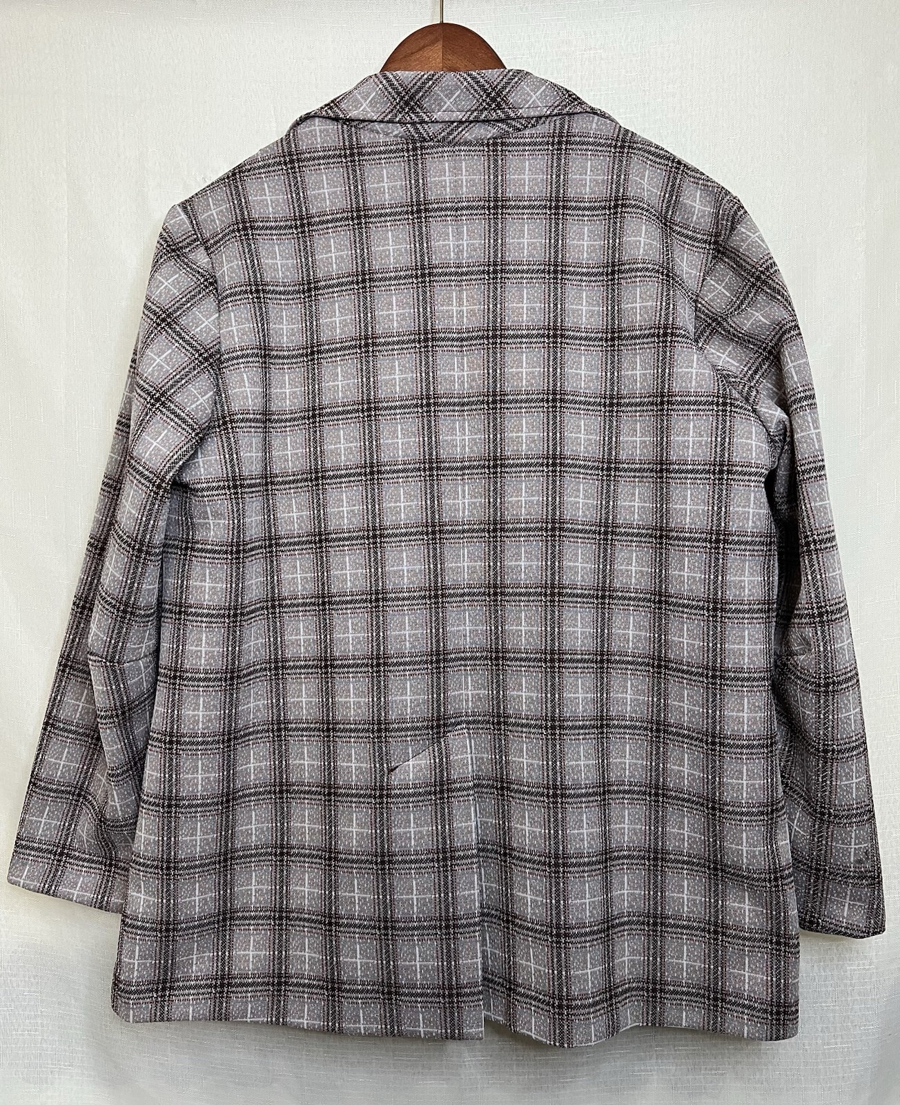 Vintage 70s Gray Plaid Checked Blazer Jacket Size L Faux Pockets Lightweight