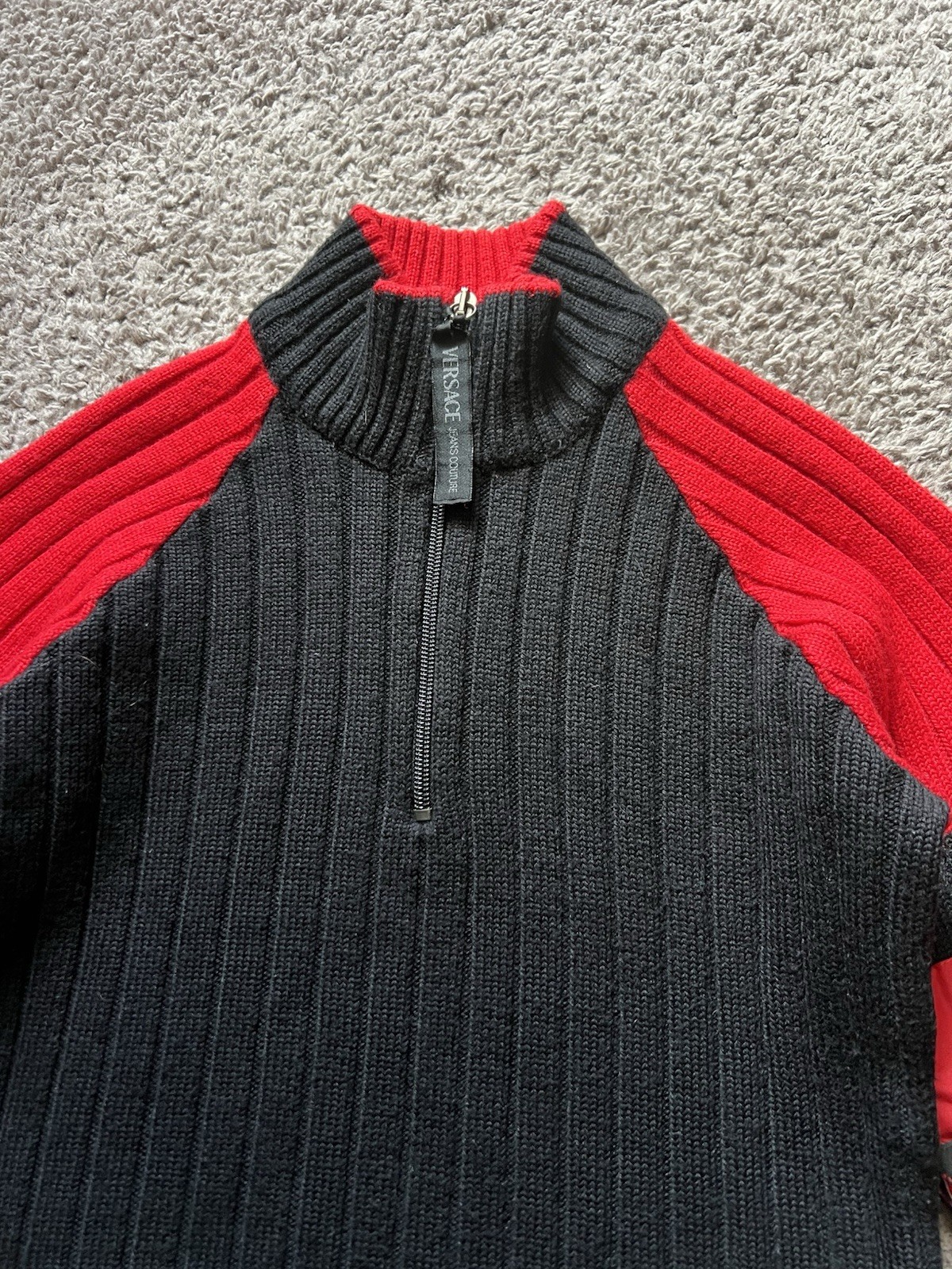 Vintage Versace Sweater Medium Knit Red Black High Neck Ribbed Couture Y2K 90s