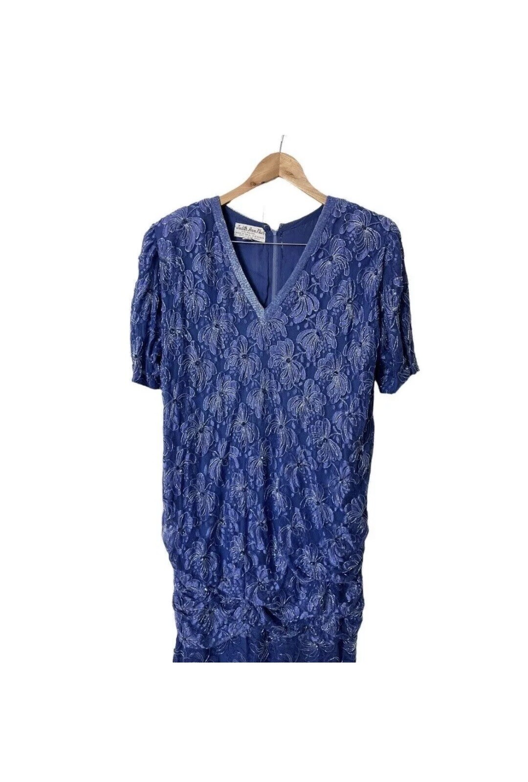 Vtg Judith Ann Plus Blue Beaded Sequined Silk Formal Dress Womens 2X XXL 20 Plus