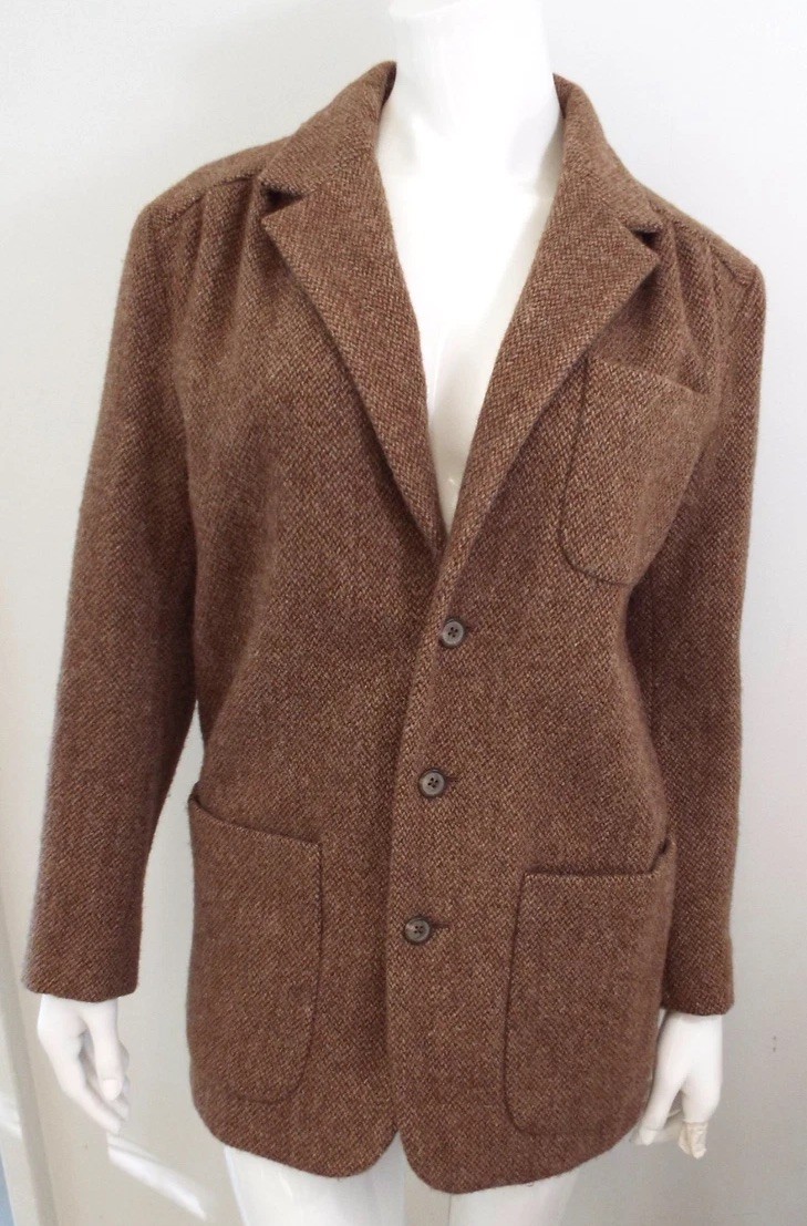 Vintage 1980s Ralph Lauren Wool Tweed Blazer Jacket Womens 8 Herringbone Brown