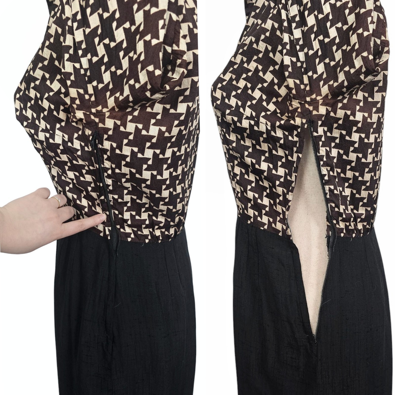 1950s Vintage Dress 50s Cocktail Wiggle Brown Cream Houndstooth Small Leslie Fay