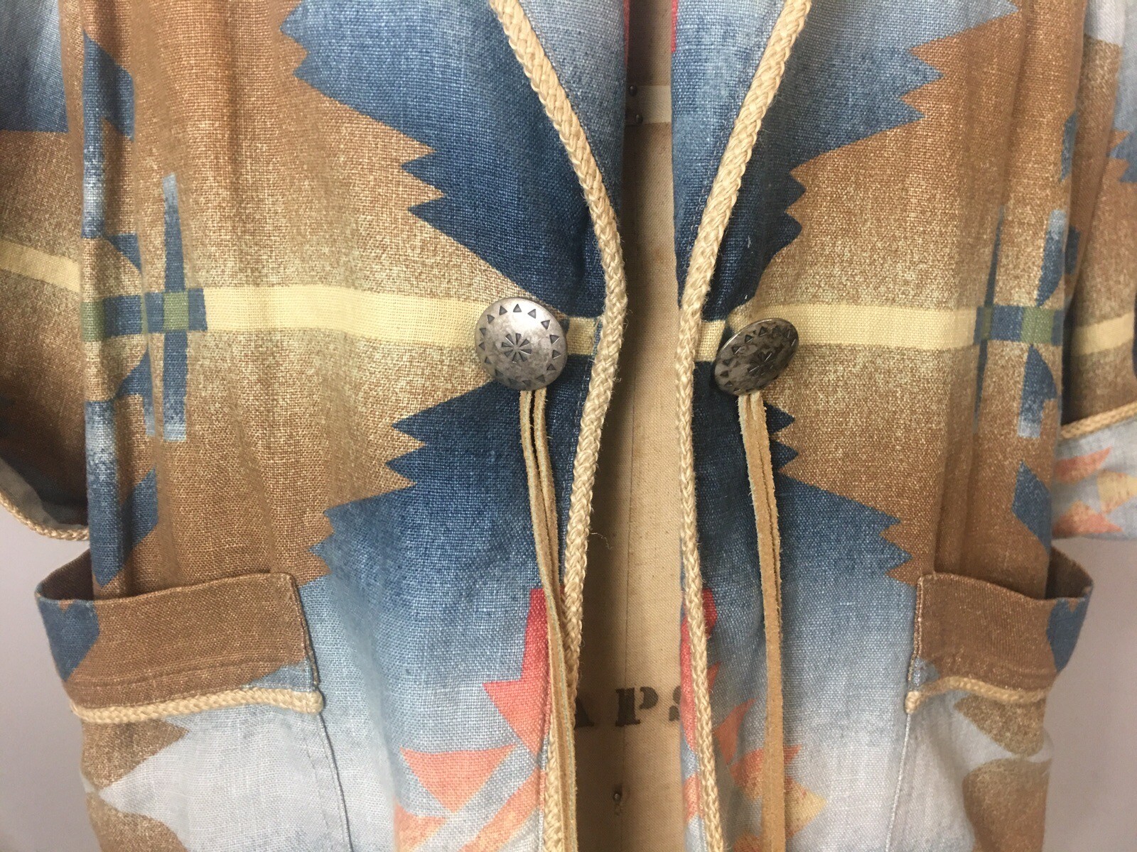 Southwest Vintage Linen Blazer Jacket Shacket Concho Western Large 3/4 Sleeve