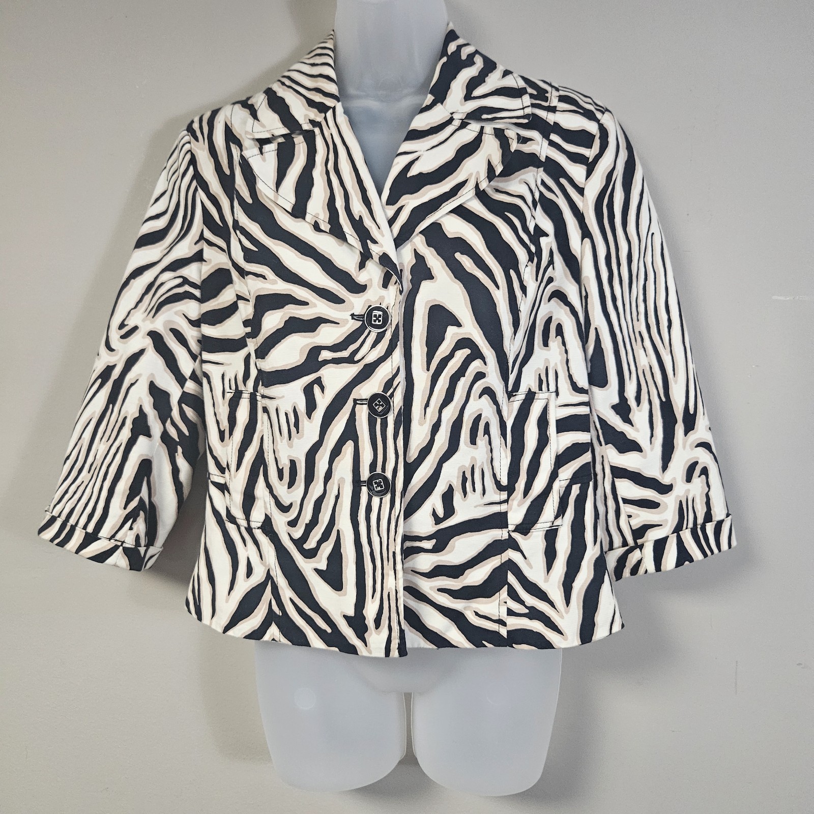 Rafaella Tan/black Zebra Print Button Down Jacket Women&rsquo;s Size M Preppy Art