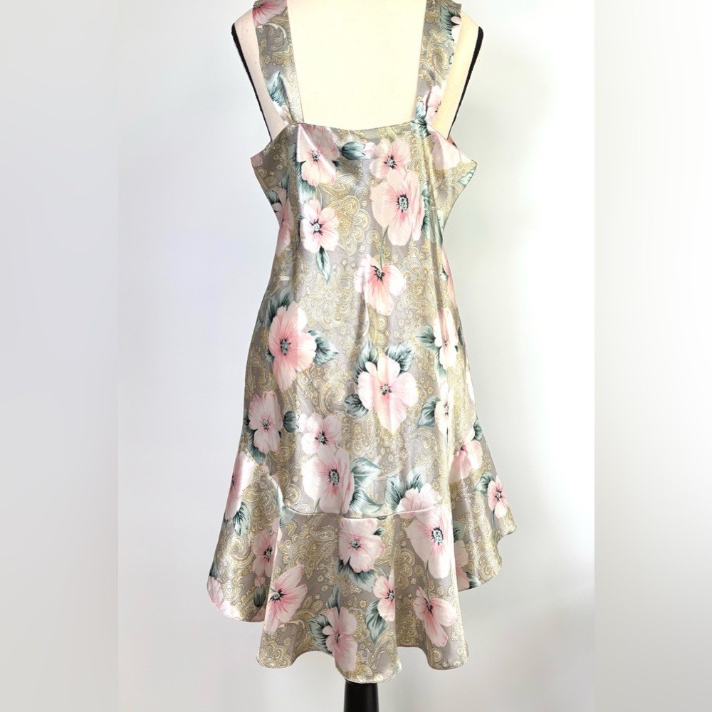 Vintage Satin Chemise Slip Dress 80&rsquo;s Coquette Ruffle Floral Pinup Girl Glam