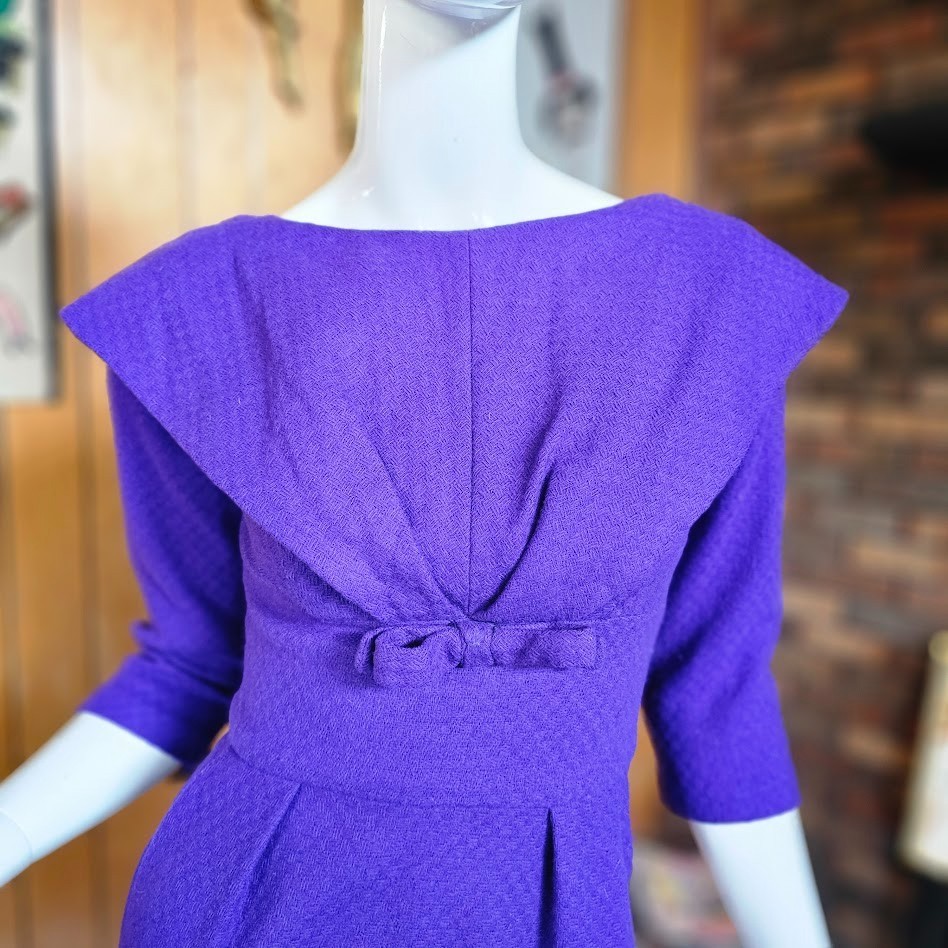 Vtg 50s Rockabilly Violet Purple Wool Wiggle Pencil Cocktail Party Dress XS/S
