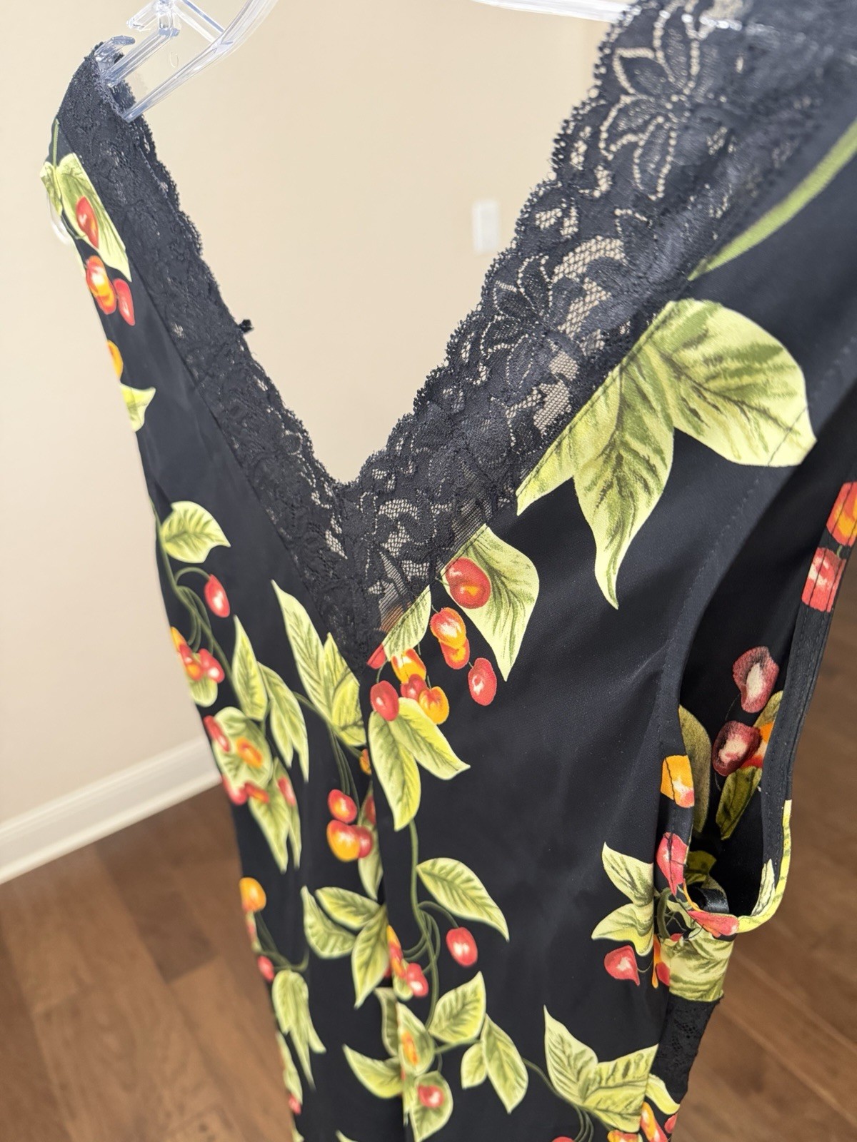 Vintage Y2K Bebe Cherry Print Lace Trim Slip Dress, Black Red, Women&rsquo;s Size M