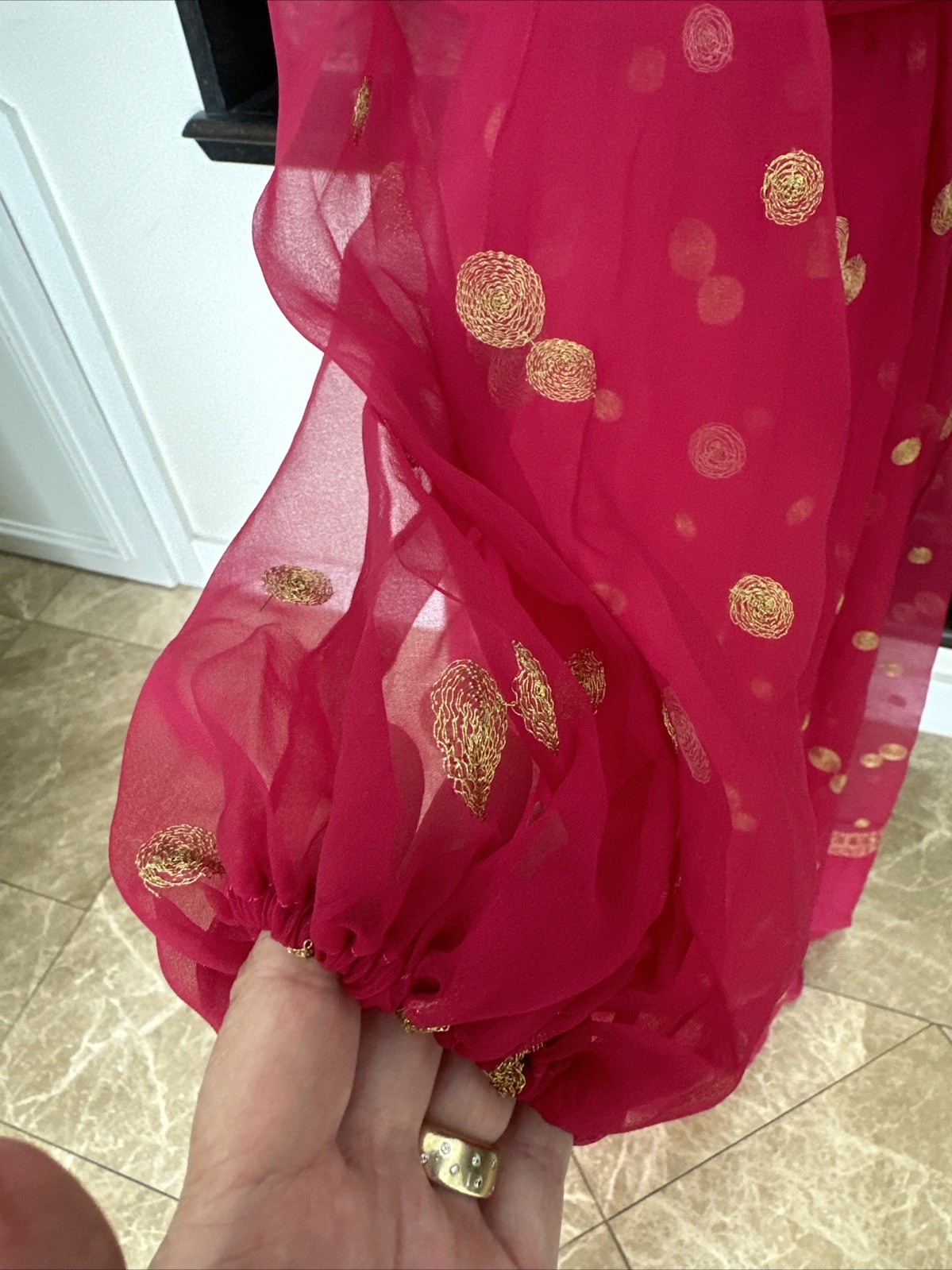 Jack Bryan NWT 70s Raspberry Pink Voile & Gold Embroidery Blouson Maxi Dress S