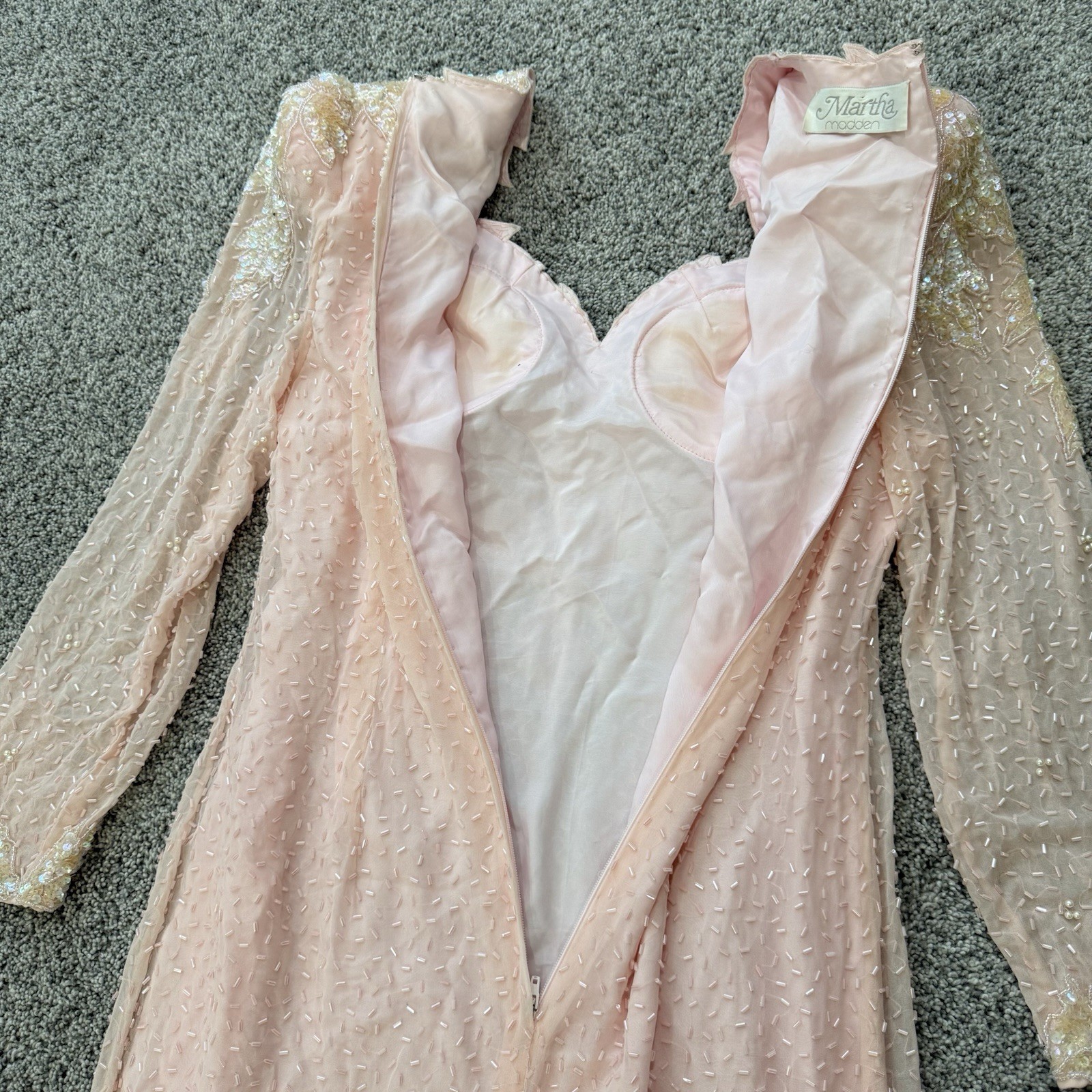 Vintage Martha Madden Light Peach Beaded Sequin Maxi Formal Dress Lined Women S