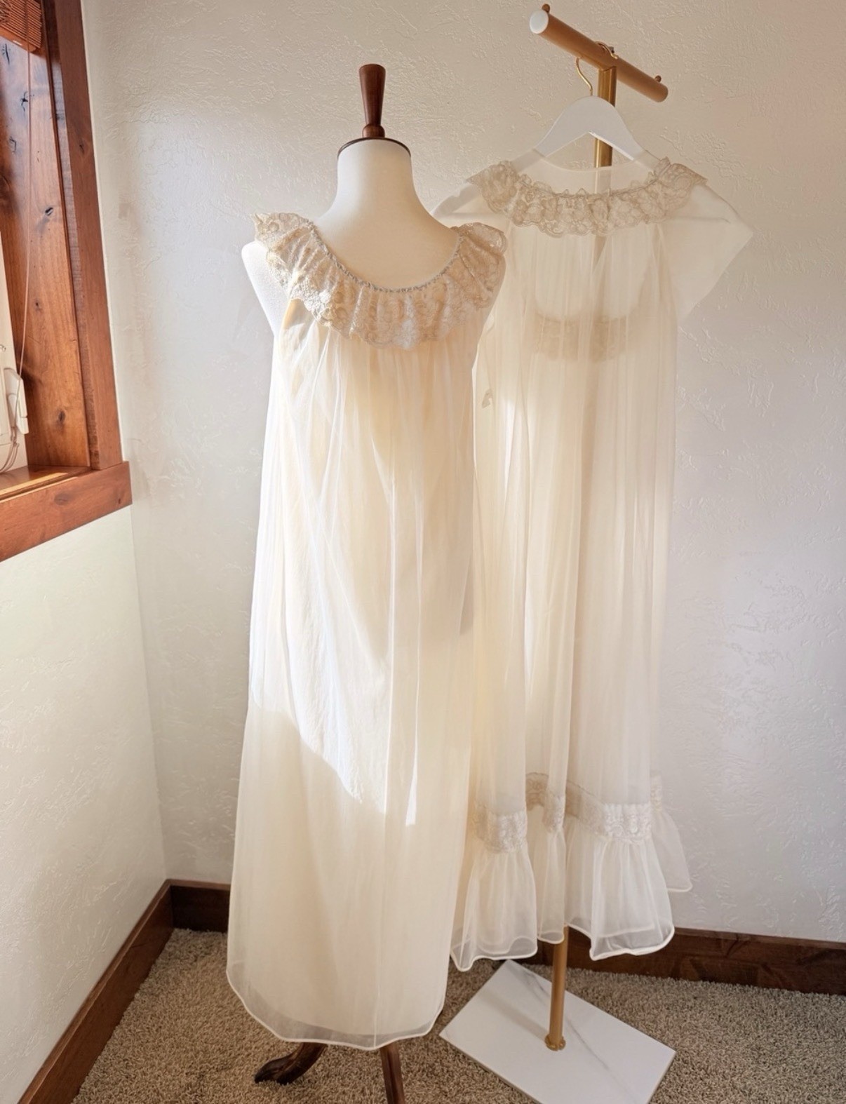 Vintage Shadowline Peignoir Set | Sheer Ivory Nightgown & Robe Lace Romantic XS
