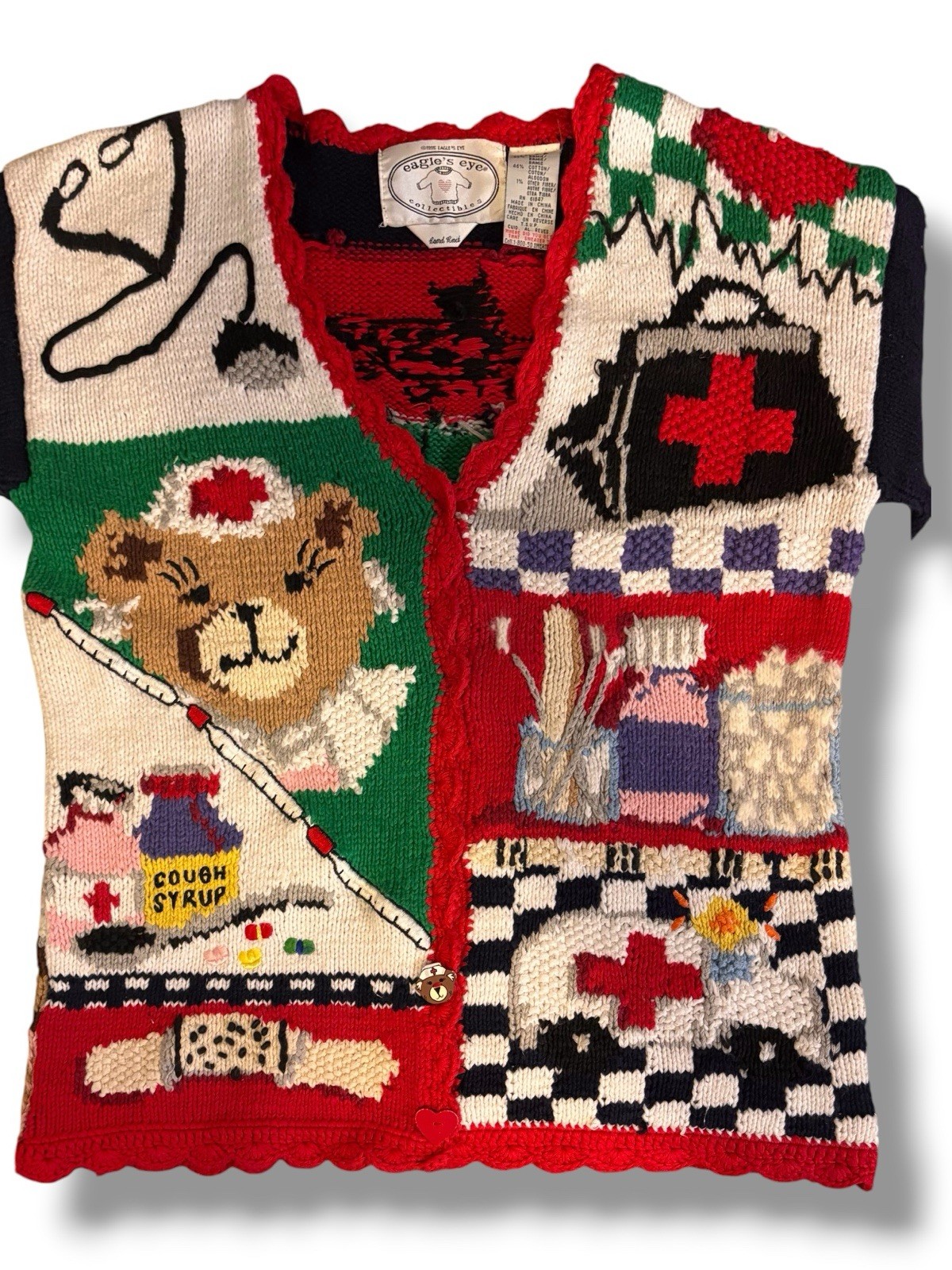 Vintage 1995 Eagle’s Eye Hand Knitted Hospital Nurse Teddy Care Sweater Sz S
