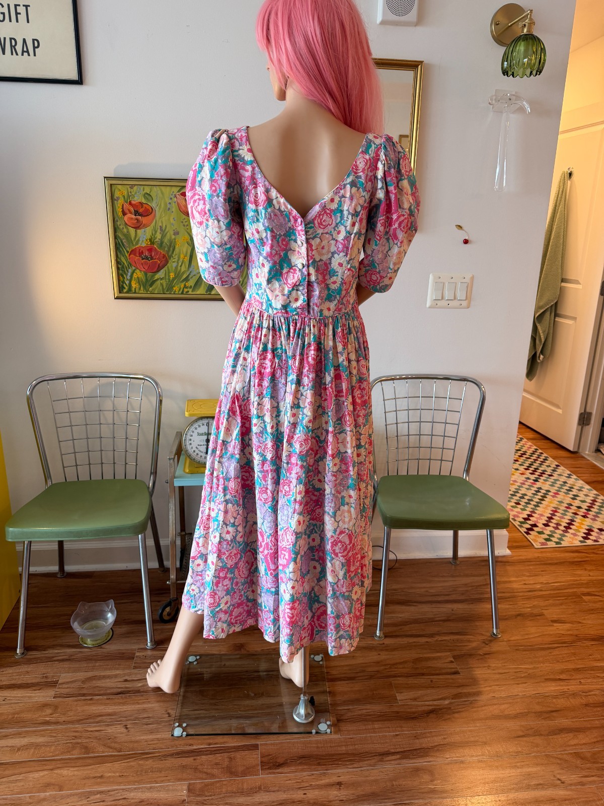 🌸 Vtg Handmade Laura Ashley Type Floral Puff Sleeve Cottagecore Midi Dress M