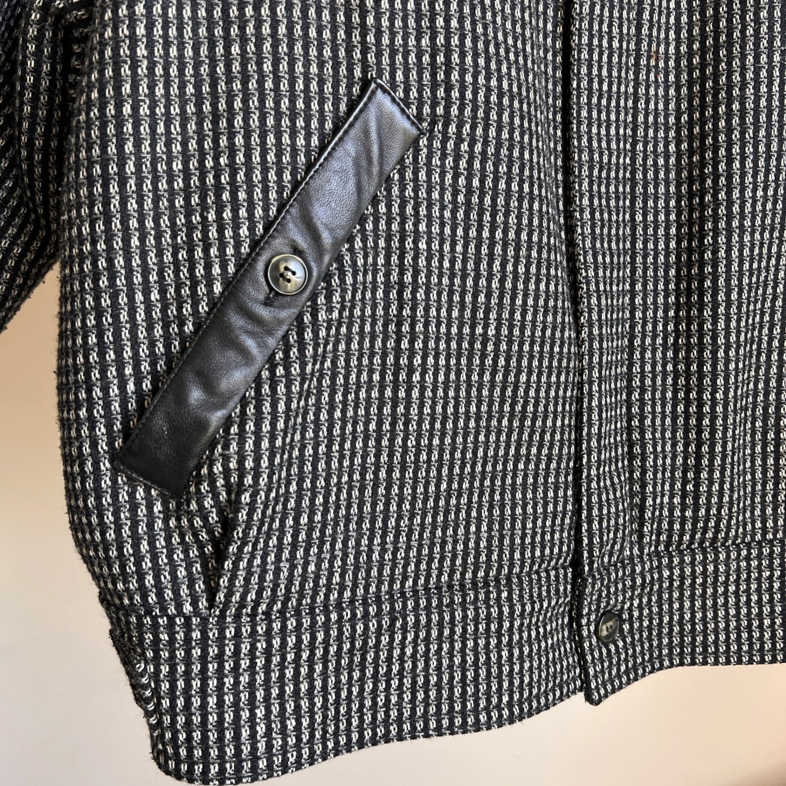 Vintage Wool Knit Bomber Jacket Black Leather Trim Textured Zip Up Baggy Coat