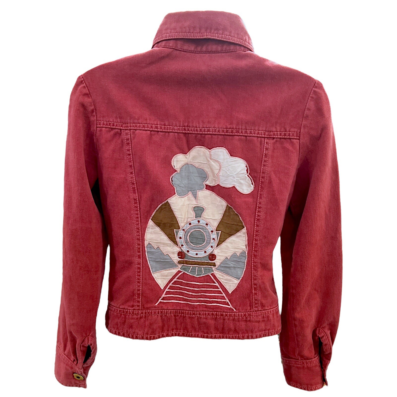 1970s Roncelli Denim Jacket Novelty Train Appliqué Vintage Top Wearable Art Sz S