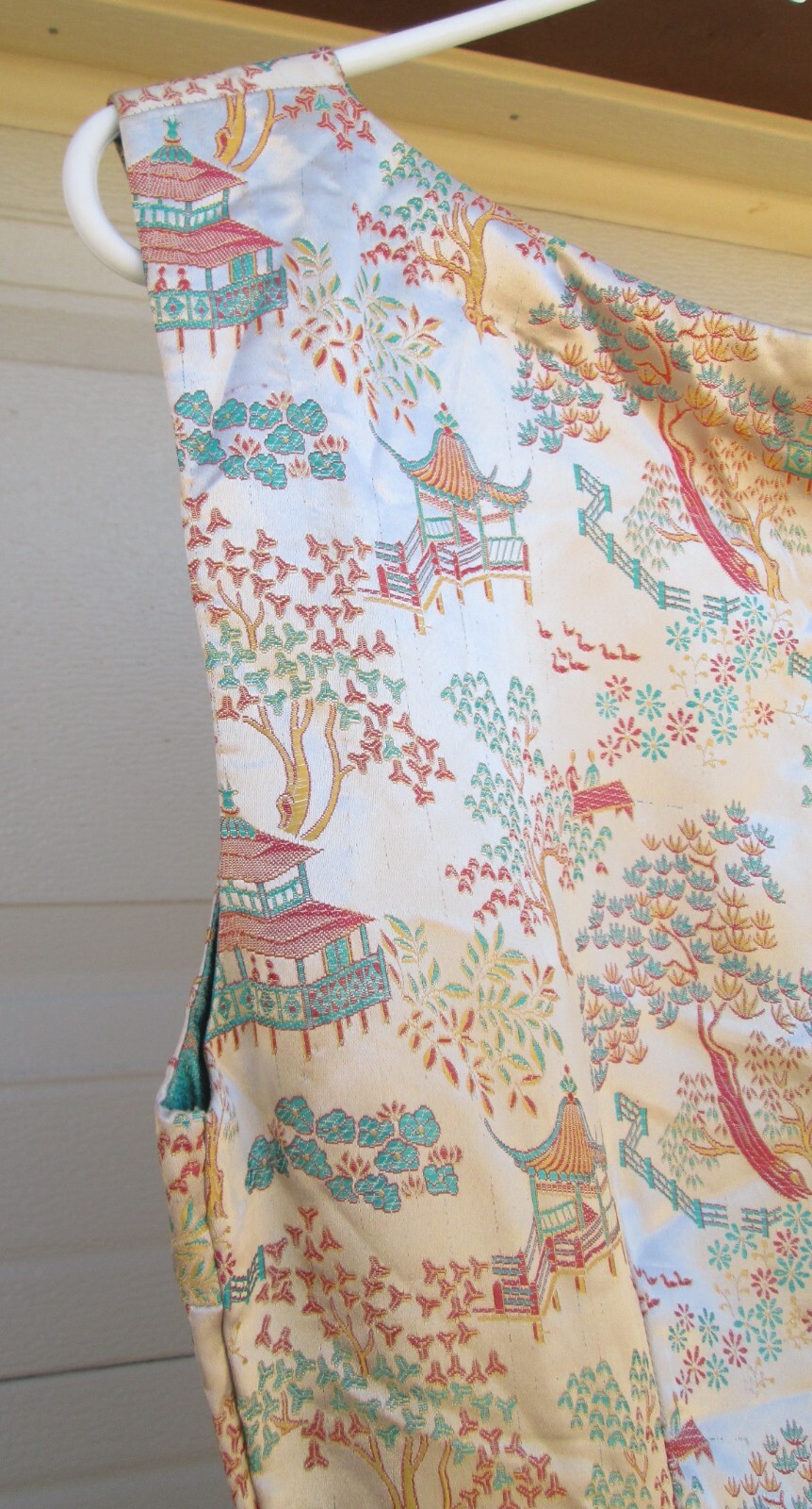 Asian Silky Cocktail Dress Peach Red Yellow Turquoise Blue Landscape Vintage