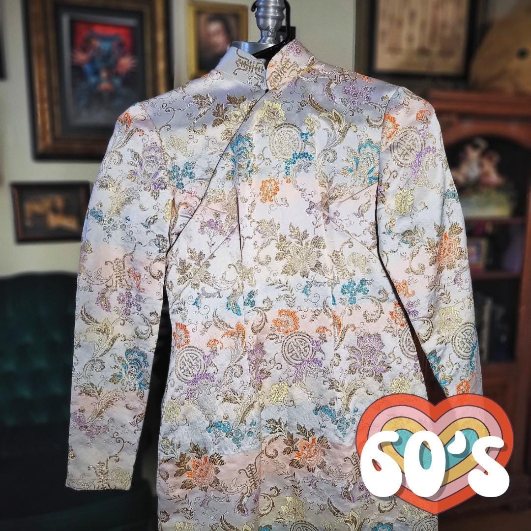 Cheongsam Dress Silk Brocade Vintage 60s Qipao Floral Gold Pink Blue Long Sleeve