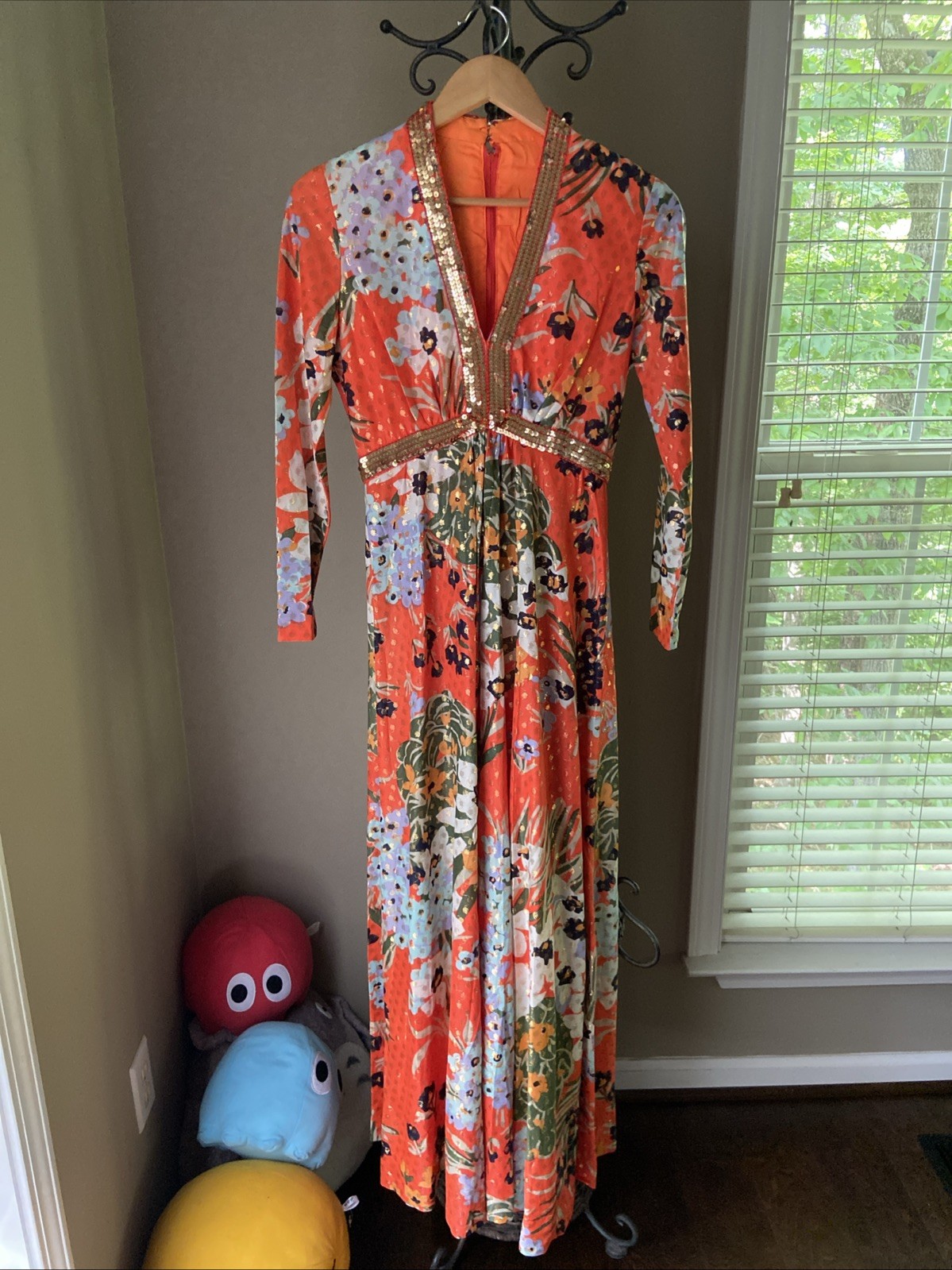 Vintage VTG 70s Sequins Floral Maxi Dress Size S 4-6 Orange