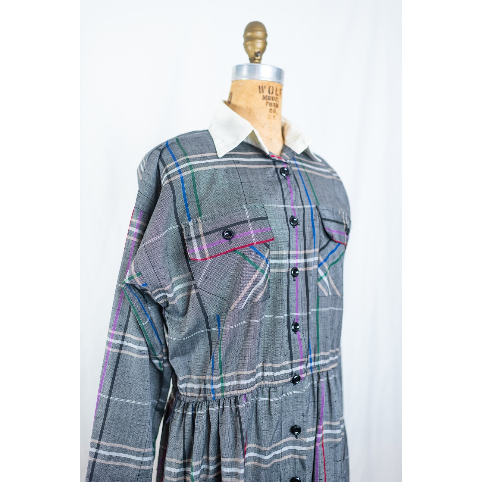 Vintage 90s Gray Plaid Midi Shirt Dress, Collared Long Sleeved, Academia, MED/LG