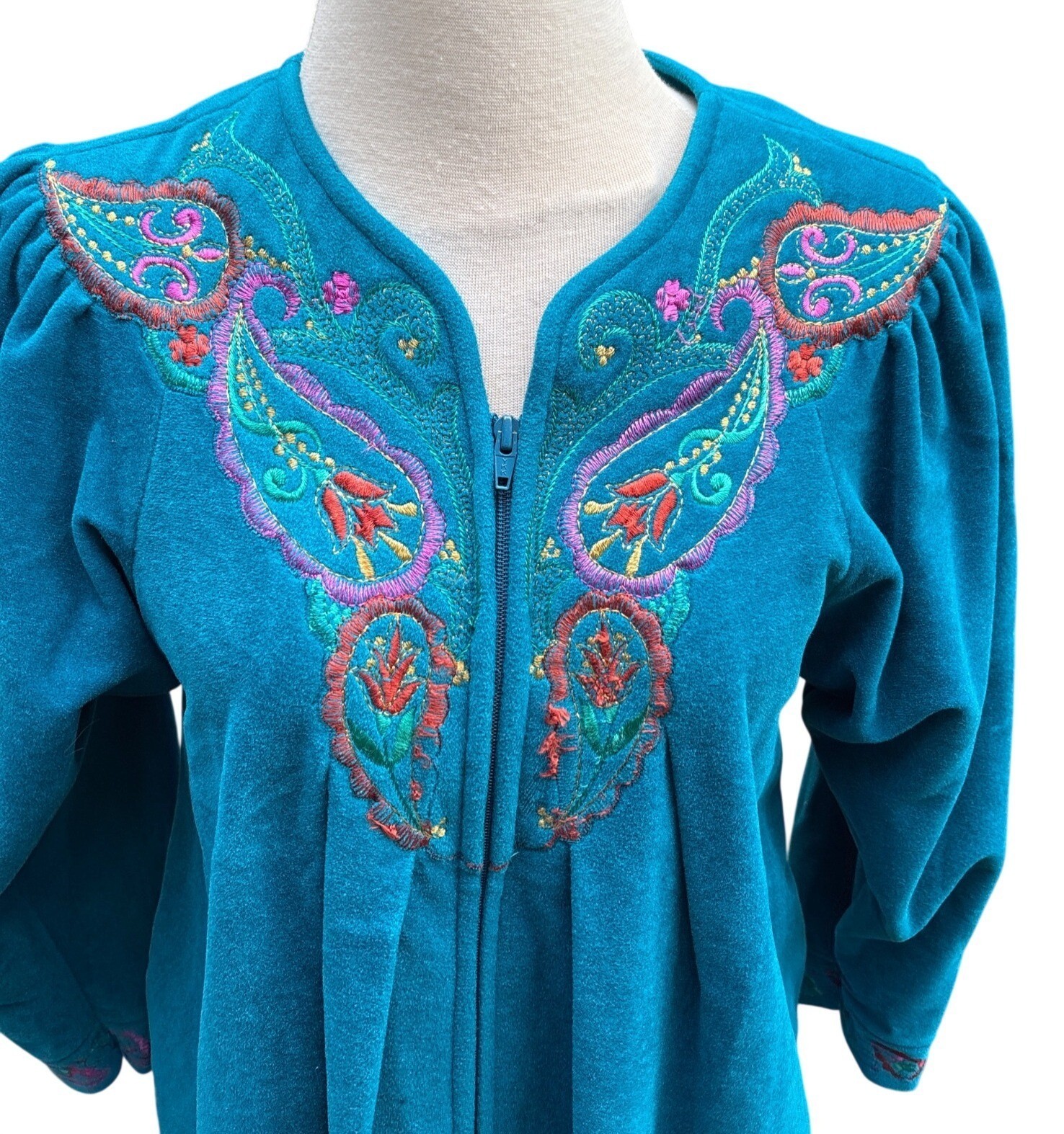 Vintage Vanity Fair Teal Embroider Robe Zip Front 3/4 Sleeves Small Made In USA