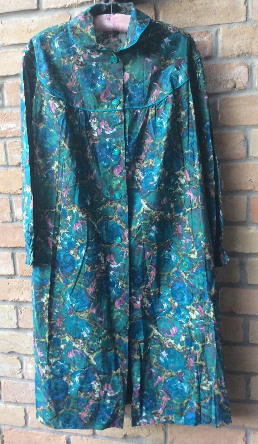 VTG 60s MOD Blue Watercolor PrinDuster Housecoat Lounger MCM 50&Prime; B 44.5&Prime;L