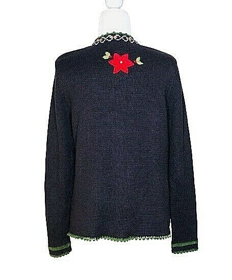 Vintage Christmas Reference Point Sweater Size S Snap Closure Poinsettia Holly